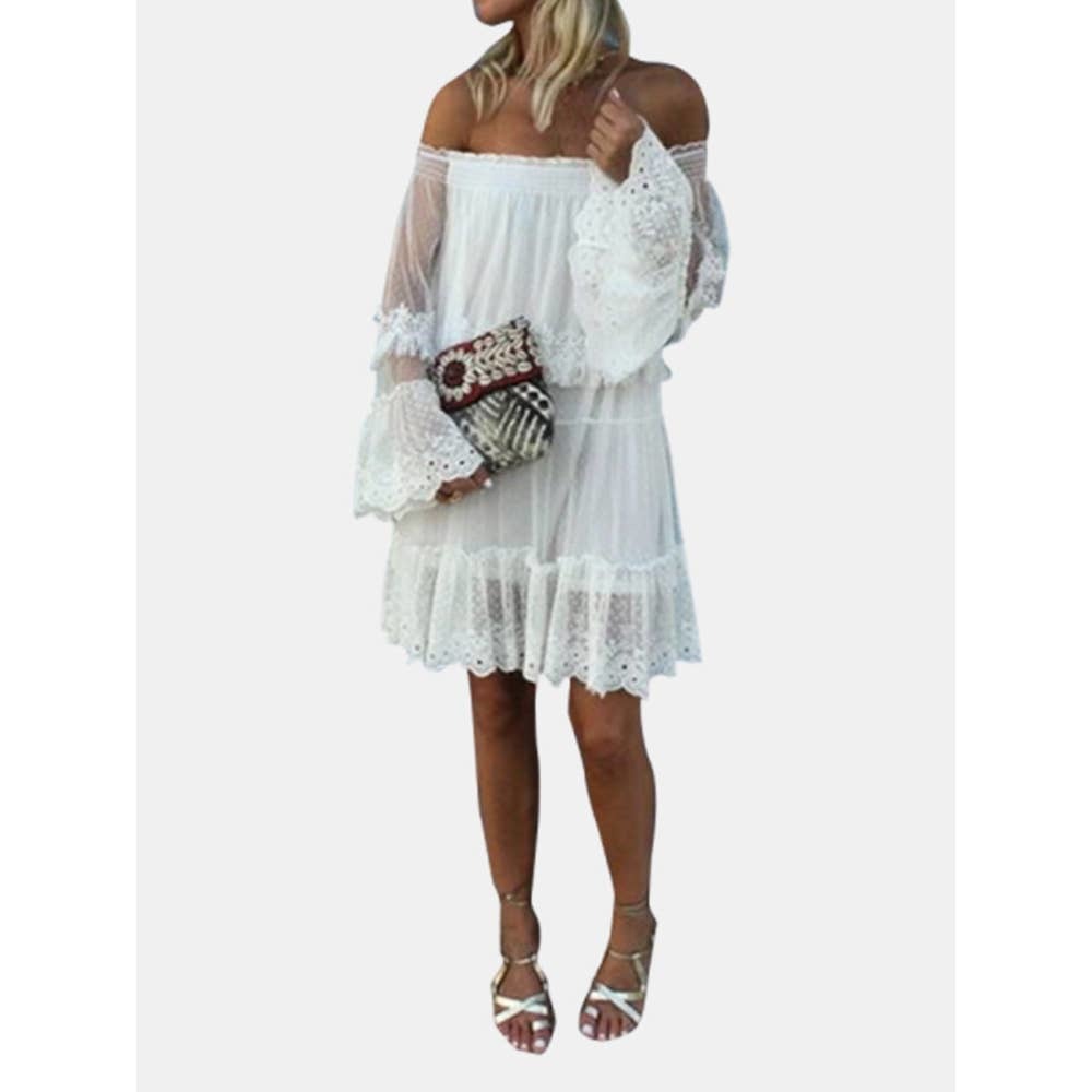zanzea flare sleeve patchwork boho off shoulder dress XL - Picture 2 of 7